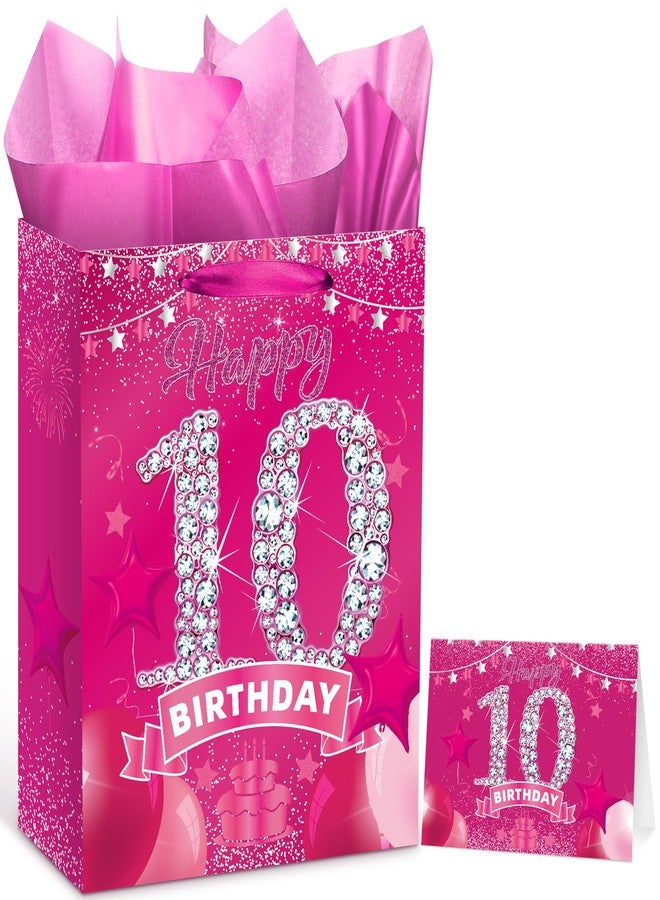 Yoirrat Sweet 10th Birthday Gift Bag with Greeting Card and Tissue Paper Hot Pink Double Digits Paper Treat Bag 10th Birthday Gift Wrapping Paper Bags for Girls 10 Years Old Party Decorations Supplies - Image 1